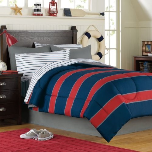 Casual Living Blue & Red Rugby Stripe Boys Full Comforter Set (8 Piece Bed in A Bag)
