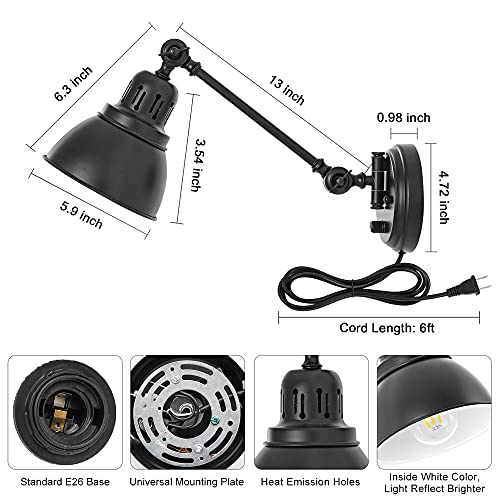 Encomli Plug In Wall Sconces Set Of 2, Wall Sconce Lighting With Dimmable On Off Switch, Swing Arm Wall Lamp, Black Metal Industrial Wall Light Fixtures, Safety E26 Base, 6Ft Plug In Cord #TOP5