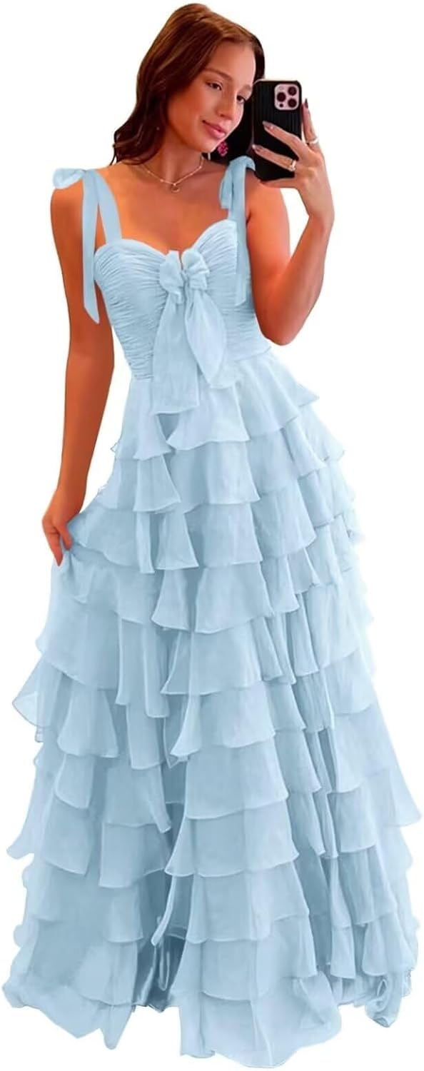 Women’s Chiffon Tiered Ruffles Prom Dresses 2025 Spaghetti Straps A-Line Long Formal Ball Gown with Slit