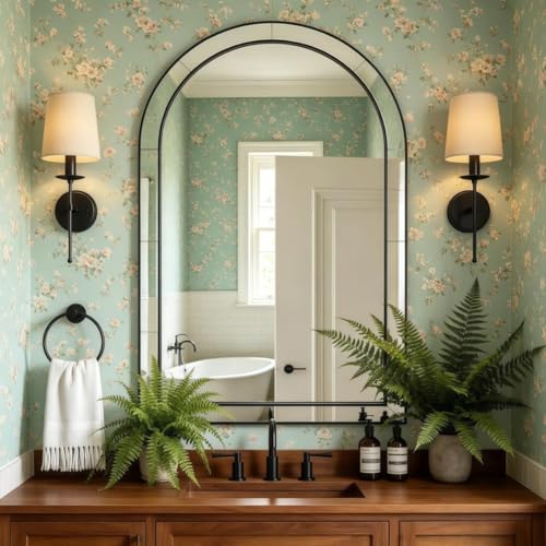Image of MOON MIRROR Arched Mirror for Bathroom, Bathroom Mirrors for Over Sink, 26x38 inch Matte Black Non-Rusting Vanity Mirror in Delicate Tessellated Glass Design