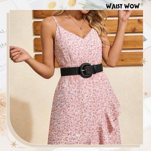 Image of Straw Woven Elastic Belt for Women Stretchy Belts for Dress Fashion Boho Waist Belt Rattan Raffia Ladies Belts