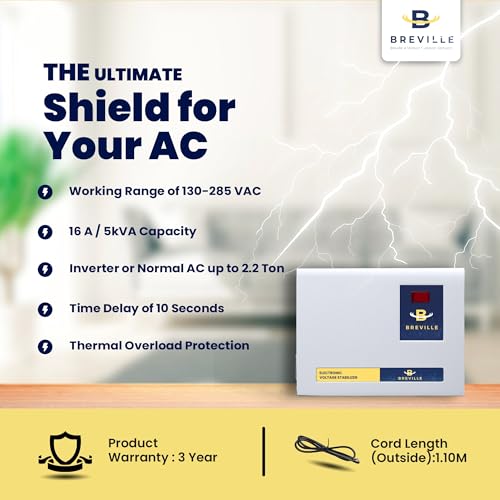 Image of Breville 5kVA Double Booster Digital Voltage Stabilizer Upto 2 Ton AC | 130V-285V | Digital Display | Low & High Voltage Protection for Inverter, Split & Window AC | 3-Year Warranty (Grey)