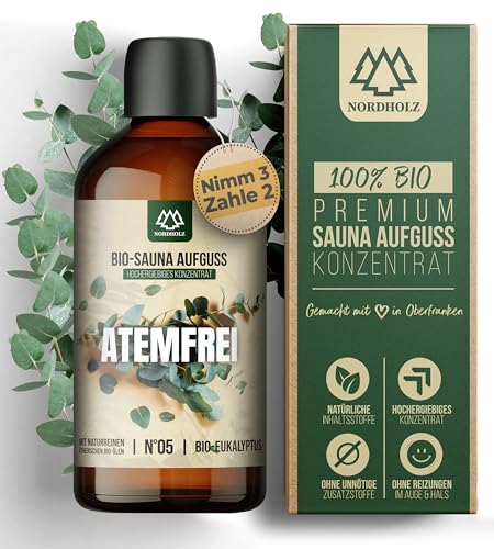 NORDHOLZ® Saunaaufguss BIO '#5 Atemfrei' intensiv & authentisch [100% Naturreine Bio Öle] Sauna Aufguss Konzentrat mit Eukalyptus - Manufaktur aus Bayern