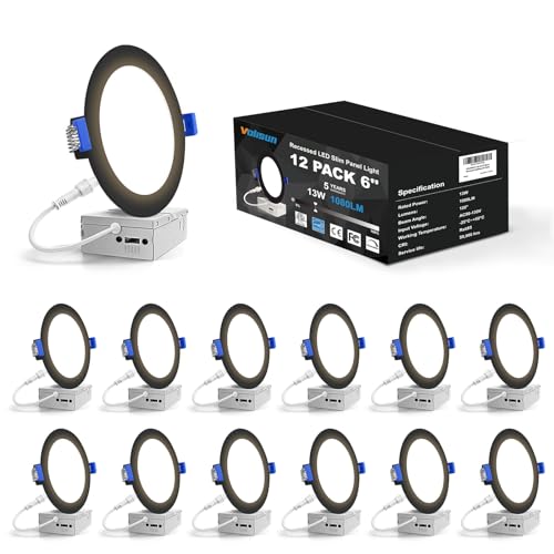 Image of VOLISUN 12 Pack 6 inch Recessed Lighting, 5CCT, 3W Eqv 120W, 1080LM | LED Recessed Light Black, 2700K-5000K Selectable, 1Dimmable Canless Wafer Downlight, LED Ceiling Light ETL Certificated