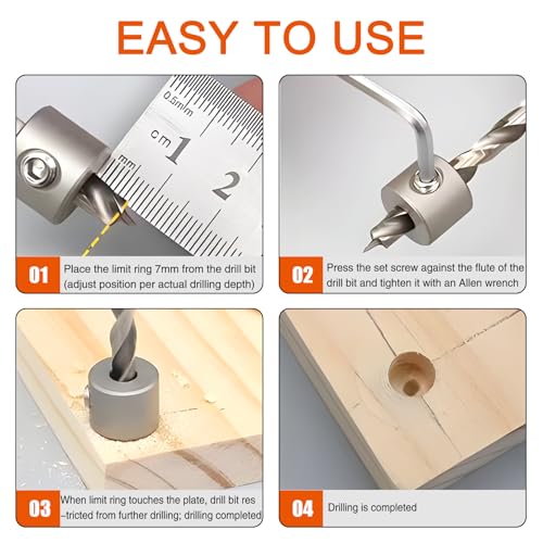 8 PCS Tiefenanschlagringe Set für Bohrer – 3-10mm Bohrtiefenbegrenzer, Mit Inbusschlüssel, Stellungsregler Ring Positionierer für Holzbearbeitung, Heimwerkerprojekte & Dübelmontage