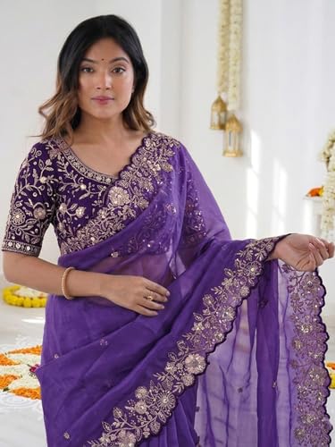 Image of SIRIL Women's Shimmer Georgette Scalloped Border Sequins Embroidery Saree with Unstitched Blouse Piece