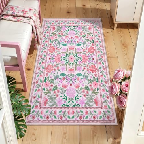 Tapete pequeño Floral Rosa 2x4 para entrada Boho lavable miniatura 1