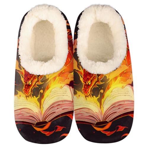 Pardick Fuzzy House Slippers for Women Men, Magical Book Dragon Anti-Slip Fleece Lined Shoes, Home Bedroom Indoor Slippers with Plush Lining, Magic Warm Slippers