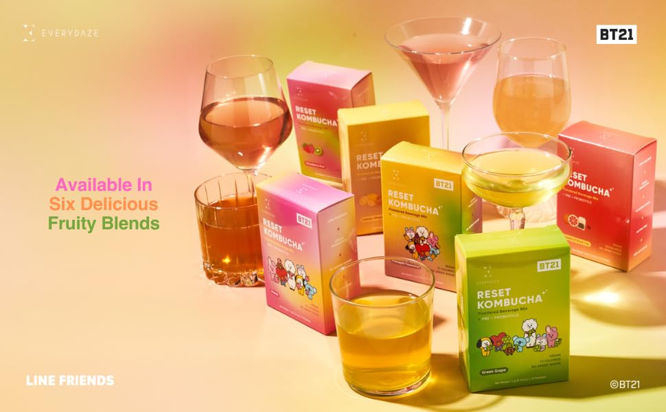Everydaze BT21 Reset Kombucha Tea Powdered Beverage Mix | 10 Sticks | Prebiotics + Probiotics | Vegan | No Added Sugar, Gluten Free, Sparkling Powder Drink Pack (Peach): Strawberry Kiwi 0.18 Ounce (Pack of 10)