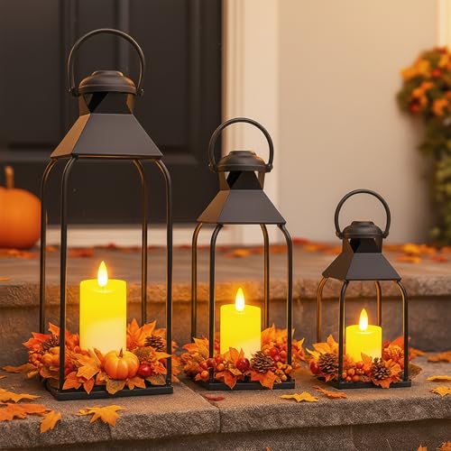 Dekorative Metall-Laternen für drinnen und draußen, Kerzenhalter für Veranda, Terrasse, Kamin, Boden, Hochzeit, Weihnachten, Herbst, Urlaub, Bauernhaus-Tischdekoration (schwarz, 3 Stück, 50,8 cm, 39,9