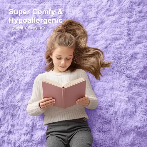 OLANLY 2x6 Machine Washable Runner Rugs for Hallway, Soft Fluffy Shaggy Bedside Rugs for Bedroom, Living Room, Indoor Floor Carpet for Kids Girl Boy, Nursery Rooms, Home Decor Aesthetic, Light Purple