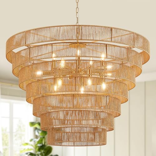 Large Hand-Woven Rattan Chandelier with 15 Lights