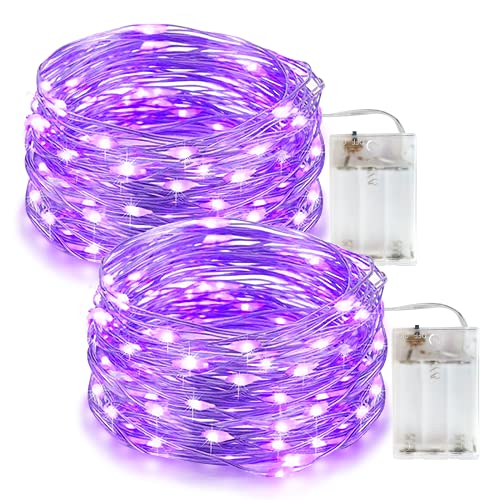 Flaspar 2 Pezzi Halloween Stringa Luci Led a Batteria, 5M 50 LED luci dell'interno Viola della stringa, Impermeabile Natale Catene Luminose per camere, terrazze, Halloween, Natale, decorazione