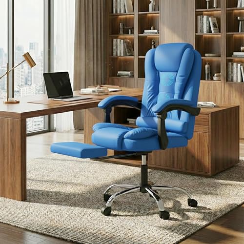 Image of Casa Copenhagen Italia Leatherette Office Chair for Work | Boss Chair, Luxurious Cushioned Arms & Seat, 2 Point Back Massager, Adjustable Leg Rest, Heavy Duty Metal Base (Royal Blue)
