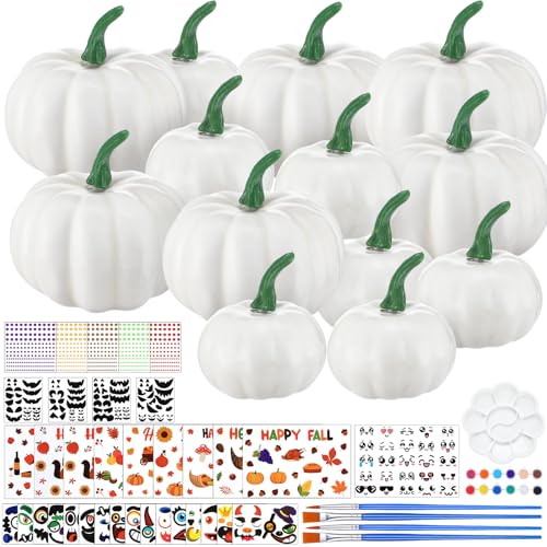 Simgoing 36 Sets Pumpkin Painting Kits Fall Halloween Crafts White Plastic Pumpkin with Stickers Paint Paintbrushes for Autumn Thanksgiving Activity DIY Art Projects Party Decor(Spooky Face)