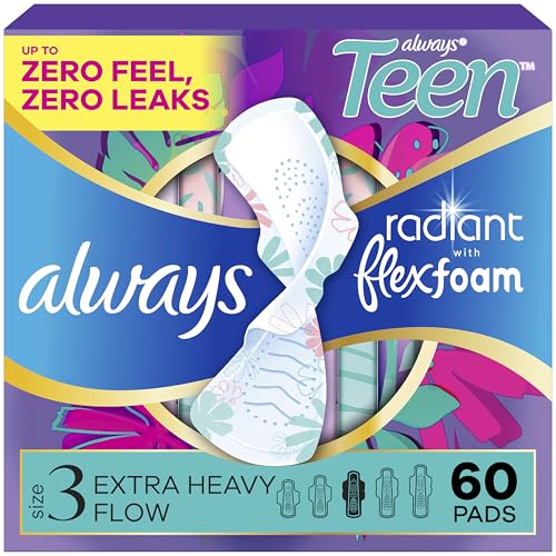 Always Radiant Teen Pads, Size 3, Extra Heavy, with Wings, Unscented, 60 Count (3 Packs of 20)