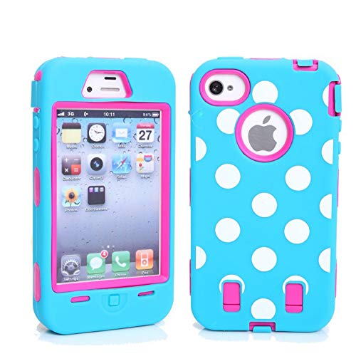 iPhone 4s Case, iPhone 4 Case, Magicsky iPhone 4g New Case with Polka Dots Pettern Full Body Hybrid Impact Shockproof Defender Case Cover for Apple iPhone 4 4s, 1 Pack(Polka Dots Blue Pink Blue)