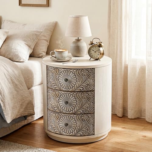 Image of HOMPUS Round End Table with Carved Floral Pattern, Vintage Nightstand w 3 Storage Drawers, Modern 3 Drawer Dresser, Wood Retro Accent End Table for Living Room, Bedroom, Distress White