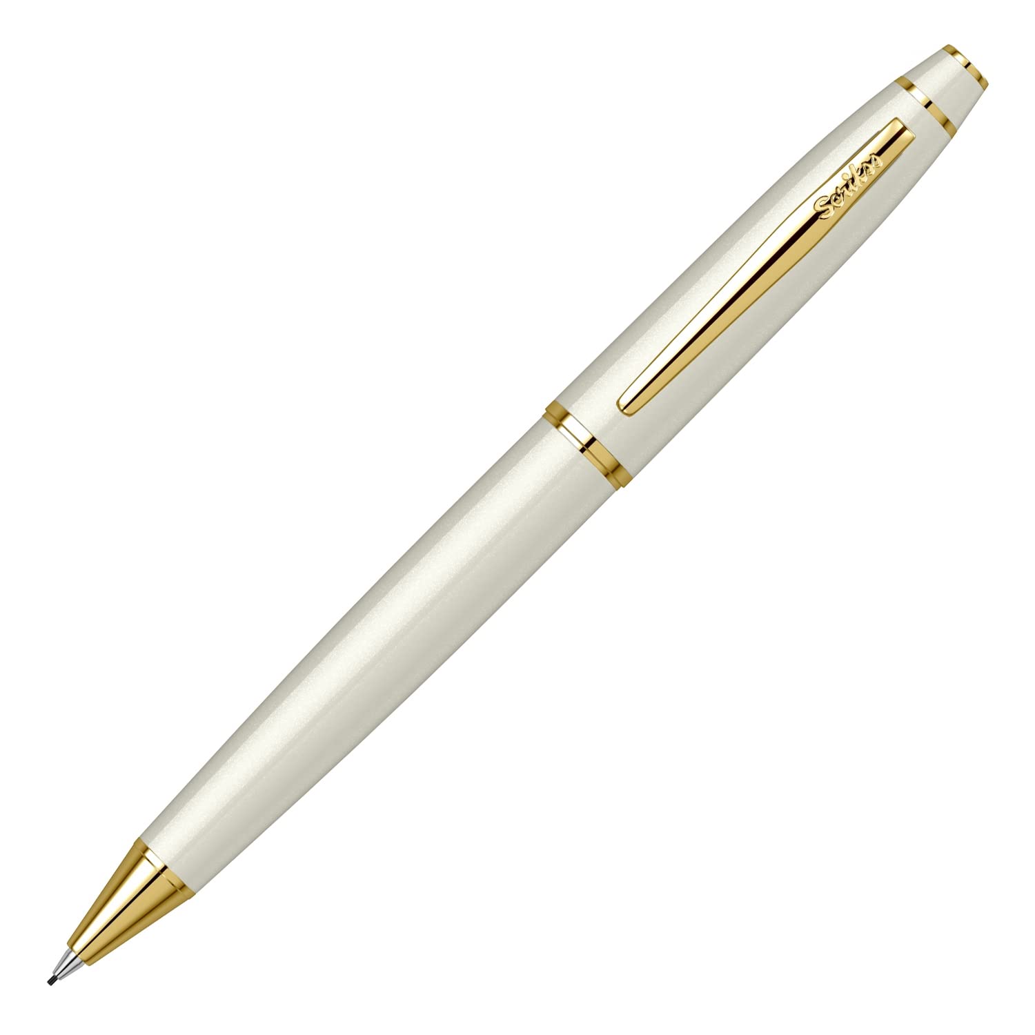 Scrikss Noble 35 Pearl White Finish ołówek mechaniczny, pozłacane wykończenie, mosiężny korpus pokryty wieloma warstwami białego lakieru, ołówek ołowiany 0,7 mm, kolekcja Elegance 78706