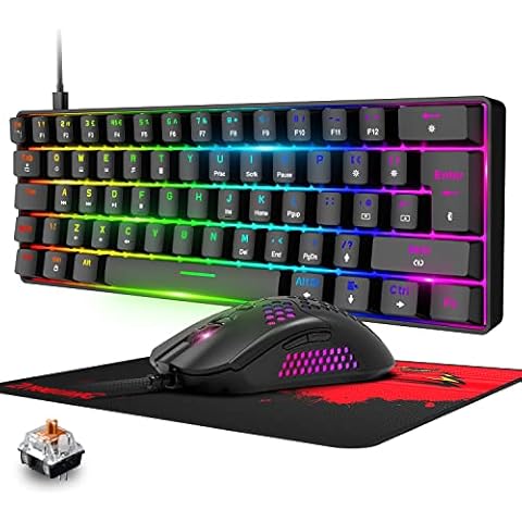 ZIYOULANG T60 60% Compact Mechanical Gaming Keyboard RGB Chroma Type C Ergonomic Mini Keyboard UK Layout 12000DPI Gaming Mouse Honeycomb Shell for PC/PS4/PS5/Xbox(Brown Switch) Cover