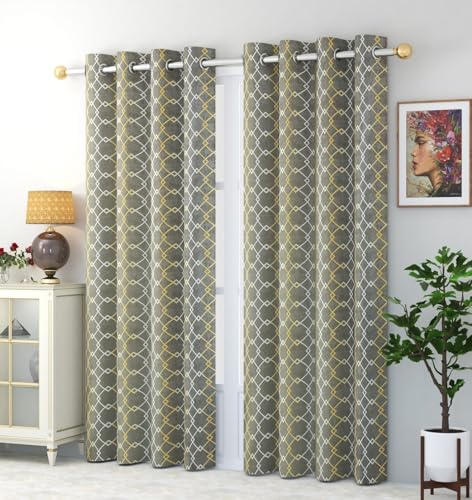 Image of Check Pattern Long Door Curtains for Living Room | Drawing Room Parde | Curtain Panel for Window, Grey Color 9 Feet 2 Pcs Set Curtains