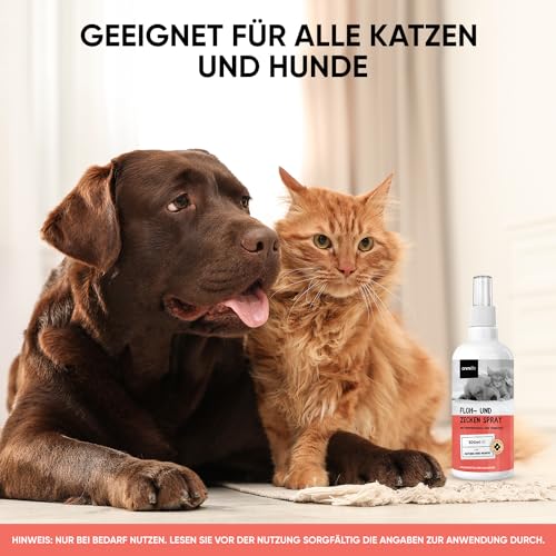 Floh & Zeckenschutz für Hunde & Katzen - Floh & Zeckenspray - Natürliches Flohmittel für Wohnung & Möbel - 500ml Zeckenschutz mit Pfefferminz & Rizinusöl - Flohspray - Anti Milben Spray - animigo