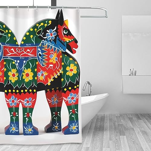 BTCOWZRV löpare svensk dalahäst folktryck duschdraperi vinter vattentätt baddraperi tvättbart tyg duschdraperi set modern minimalistisk hem badrum gardin dekor med 12 krokar 182 x 182 cm