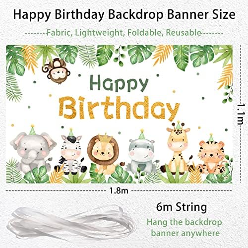 Jungle Safari Party Decorations Happy Birthday Banner Backdrop for Boys, 180 x 110cm Satin Greenery Cute Animals Theme Designed Background