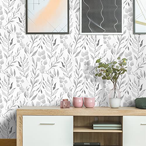 Wenmer Gray Leaf Wallpaper Floral Wallpaper Peel And Stick Wallpaper 17.7" X 118" Self Adhesive Watercolor Leaves Peel And Stick Wallpaper Removable Floral Contact Paper For Cabinets Wall Decor #TOP5