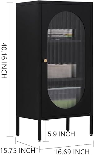 Miniatura 3 de WISUNO Armario de almacenamiento de metal para sala de estar, dormitorio, hogar, oficina, cocina, 3 niveles, puerta de cristal, estantes extraíbles