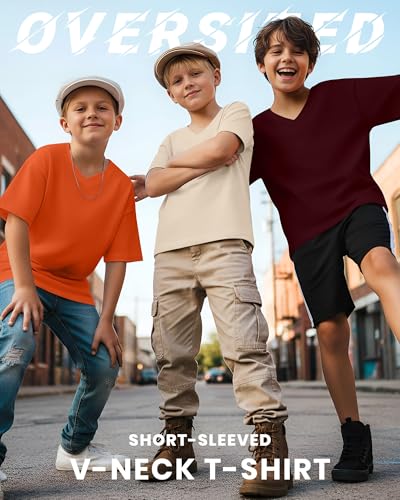 YooAurvox 3 Pack Boys Oversized V Neck T-Shirts 5-14Y Kids Short Sleeve Drop Shoulder Tops Casual Basic Shirts Summer Tees(Apricot, Orange Red, Wine,7-8 Years) — view 3