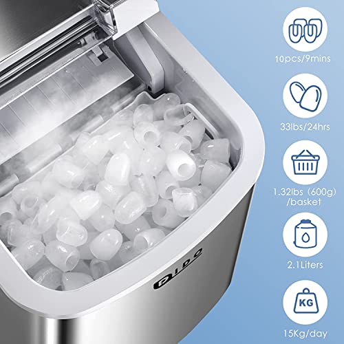 Dido Ice Maker Countertop, 10Pcs Bullet Ice In 6-8 Mins,33Lbs/24Hrs, Self-Cleaning Portable Ice Makers With Ice Scoop & Basket, Stainless Steel Ice Machine, L/S Size For Home/Office/Bar #TOP1