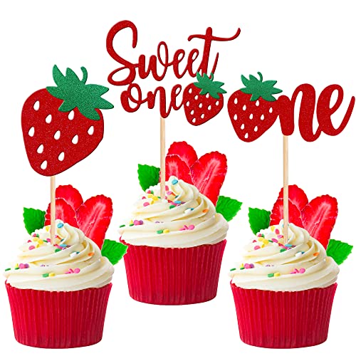 24 Pcs Strawberry One Cupcake Toppers Glitter Sweet One First Birthday Strawberry Cupcake Picks For Fruit Theme Baby Shower Kids 1St Birthday Anniversary Party Cake Decorations Supplies Red #TOP12