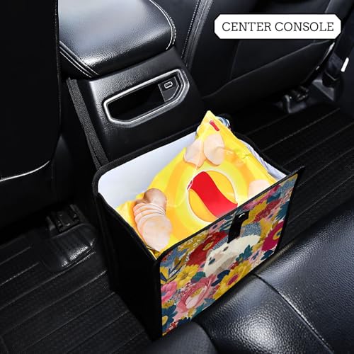 Image of Car Trash Can Organizer Bin with Adjustable Strap for Back Front Seat Console Waterproof Leakproof Collapsible Portable 8.66 Inch Garden Flowers Hedgehogs Colorful