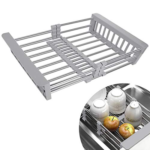 LUEXBOX Expandable Dish Drying Rack Over The Sink, Stainless Steel Drainer Basket with Adjustable Arms for Vegetable and Fruit (Grey) by LUEXBOX - Used condition - CA$10.83