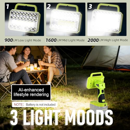 Image of Cordless LED Work Light for Ryobi 20V Battery, 2000LM Portable Handheld Flashlights Tool with USB Port and 3 Brightness Modes for Camping, Fishing, Job Site, Indoor & Outdoor Use