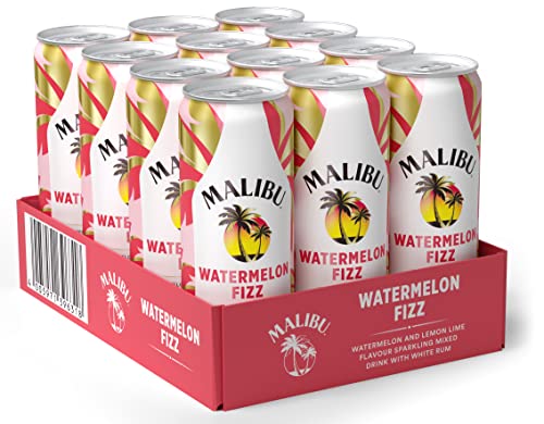Malibu Watermelon Fizz – Erfrischend prickelndes Mixgetränk mit Wassermelonen- und Zitronen-Limetten-Aromen auf Basis karibischen Rums – 12 Dosen à 250 ml (10 Vol.-Prozent)