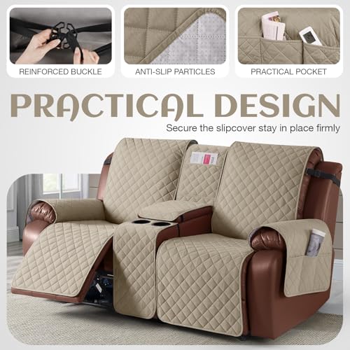Image of KinCam 100% Waterproof Recliner Loveseat Cover with Console, Non-Slip Reclining Couch Covers for 2 Seat, Recliner Sofa Cover Furniture Protector with Elastic Straps for Kids, Pets, Khaki