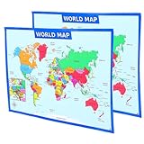 SAFIGLE Póster Mapa del Mundo Infantil 2 Piezas 50X35 CM Mapa Mural Educativo para Aula y Habitación Póster del Colores Vivos y Superficie para Escribir y Borrar