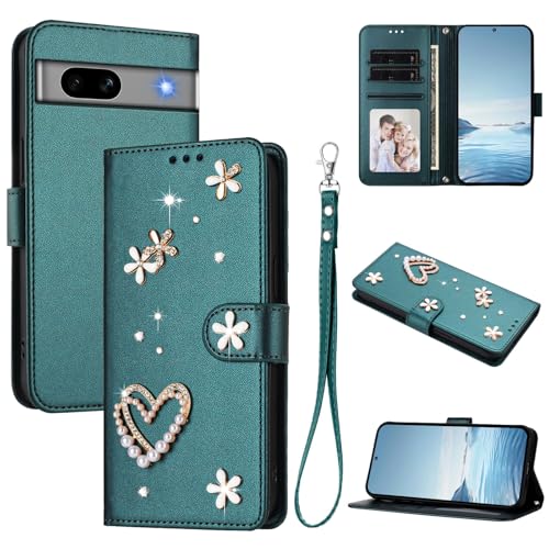 Jiajihua Case Compatible with Google Pixel 7a Lanyard【Card Holder Wallet Flip Cover Magnetic Buckle Kickstand】 Green