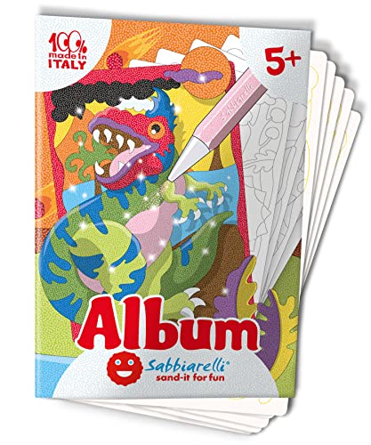 Sabbiarelli Sand-it For Fun - Album Dinosaures : 5 Feuilles Adhésives A5 pour Sand Art avec 5 Dessins à Colorier avec du Sable Coloré (NON INCLUS) -...