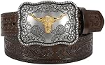 JASGOOD Western Leather Belt for Men Women Embossed Cowboy Cowgirl Leather Belt for Jeans Pants with Western Buckle