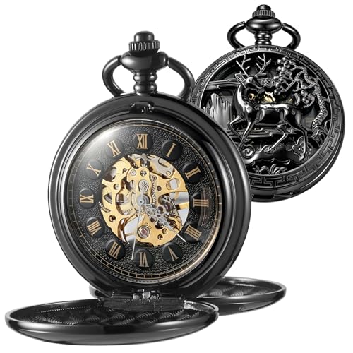 Image of Vintage Gold Double Sides Open Case Mechanical Men's Pocket Watch,Double Face Roman Dial Clock Hand Wind Pocket Watch for Men with FOB Chain