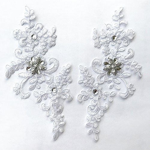 1 Pair Fine Lace Fabric Patches Embroidered Trim Applique Decor Dress Decoration (White+Silver) #TOP2