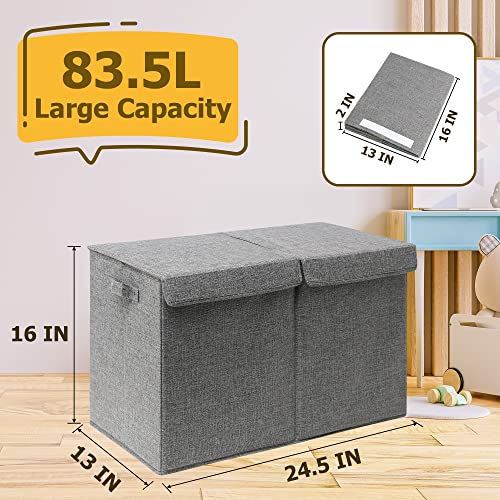 Hibobi Large Toy Box With Double Flip-Top Lid, Collapsible Sturdy Toy Chest Storage Bins With Handles, Toy Storage Organizer For Kids Boys Girls Nursery,Playroom,Bedroom, 24.5"X13"X16", Gray #TOP1