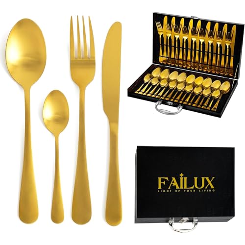 24-Piece Gold Cutlery Set, Stainless Steel Cutlery Set for 6 People – Elegant Cutlery Sets with Knives, Forks Set, Dinner and Tea Spoons Sets – Dishwasher Safe, Perfect for Home, Party & Restaurant