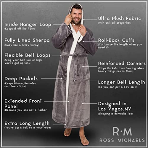 Ross Michaels Mens Robe Hooded Sherpa Big and Tall - Long Plush Spa Bath Robe with Hood and Pockets - Gifts Men Gray4