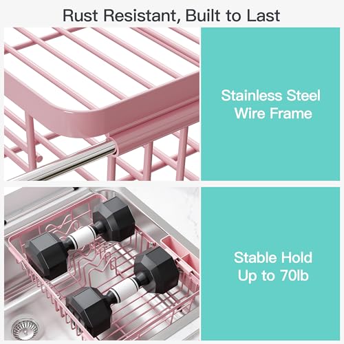 Image of JASIWAY Pink Dish Drying Rack Over the Sink with Utensil Holder
