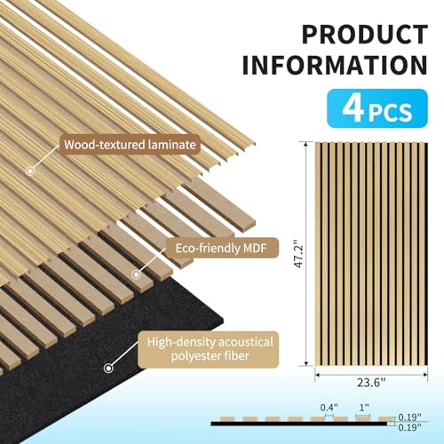 Image of Art3d 47 x 23.6 Inch Acoustic Wood Slat Design Wall Panels, 4-Pack, Oak