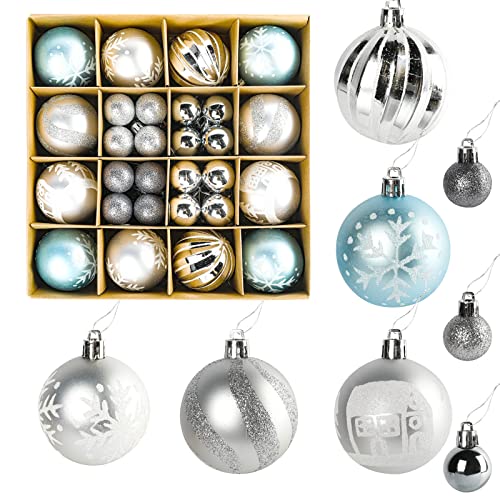 Boules de Noel, 44 Boules de Noël en Plastique Incassable, Decoration Arbre de Noel pour Le réveillon de Noël, Le Nouvel an, la Décoration de la Maison de Fête de Mariage(Bleu Blanc Ensemble) Cover